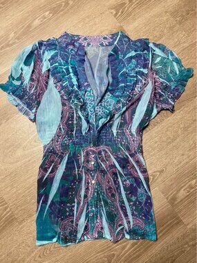 Boho Sheer Flutter Sleeve Blouse – Ruffle Front, Pearl Button Detail, Size Large